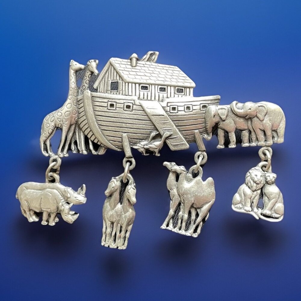 JJ Jonette Brooch Noahs Ark Hanging Animal Charms Religious Pin Vintage